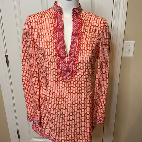 Tory Burch Pink Red T Embroidered Tunic Top, Size 2 - Picture 1 of 6